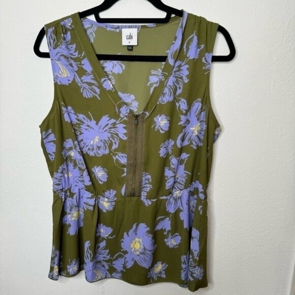 Cabi #4184 Celebrity Green Floral Print Zipper Front Sleeveless Blouse - Picture 4 of 7